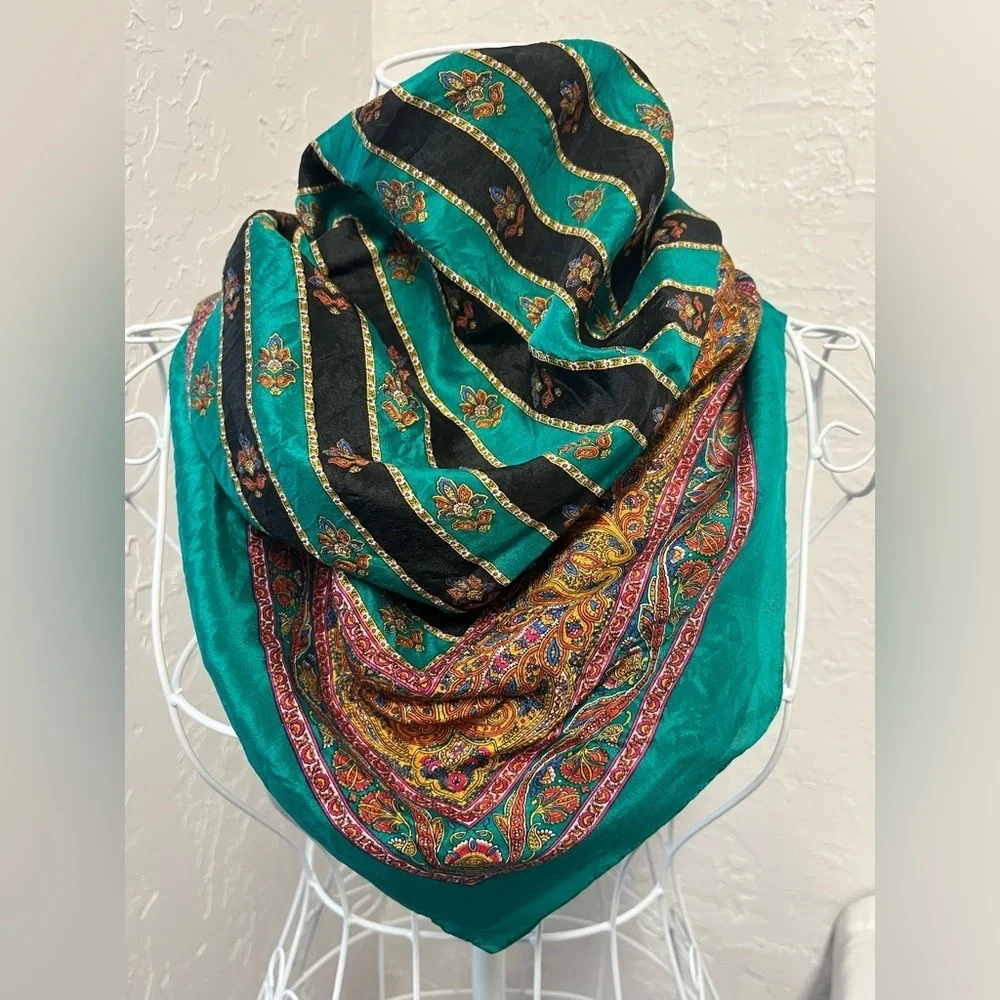 Vintage Green Blue Gold Pink Black Paisley Silk Scarf